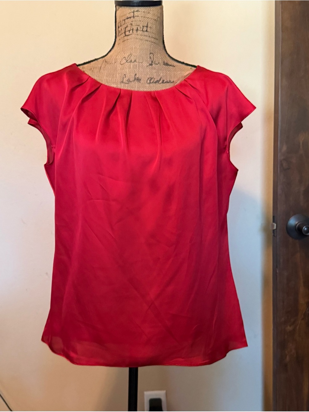 Red Pleated Cap-Sleeve Women's Blouse